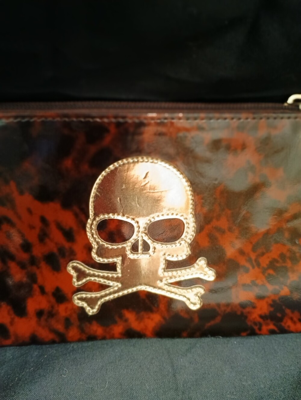 LOLO Tortoise Shell Pattern Makeup Pouch W/ Applique Gold Skull & Mirror